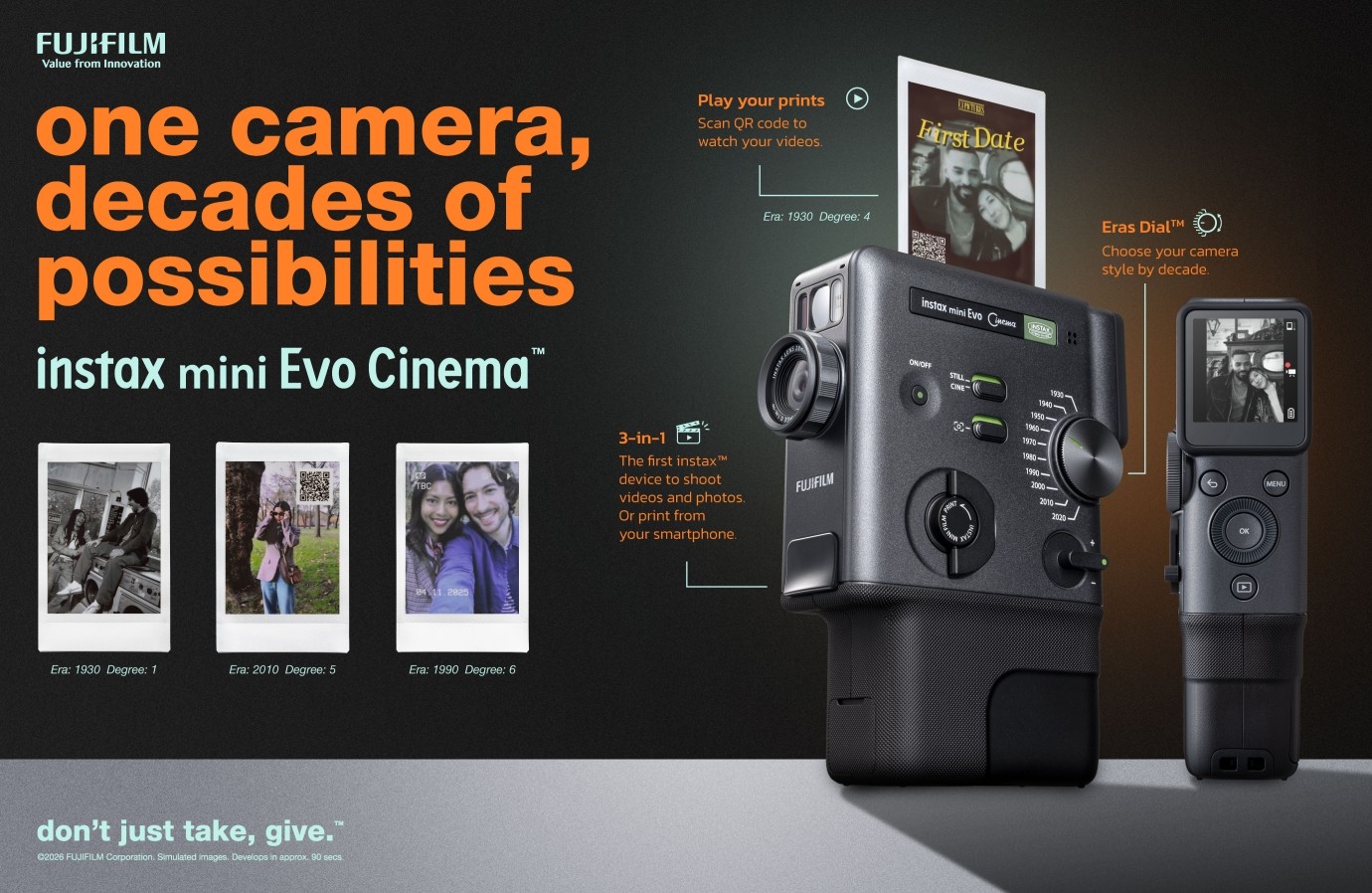 ฟูจิฟิล์ม เปิดตัว instax mini Evo Cinema กล้องอินสแตนท์ไฮบริดที่ครบจบทั้งภาพนิ่ง-วิดีโอสั้น-พิมพ์รูป พร้อมเอฟเฟกต์เปลี่ยนยุค Eras Dial ที่พานั่งไทม์แมชชีนไปกับโทนสีคลาสสิกจาก 10 ยุคสมัย