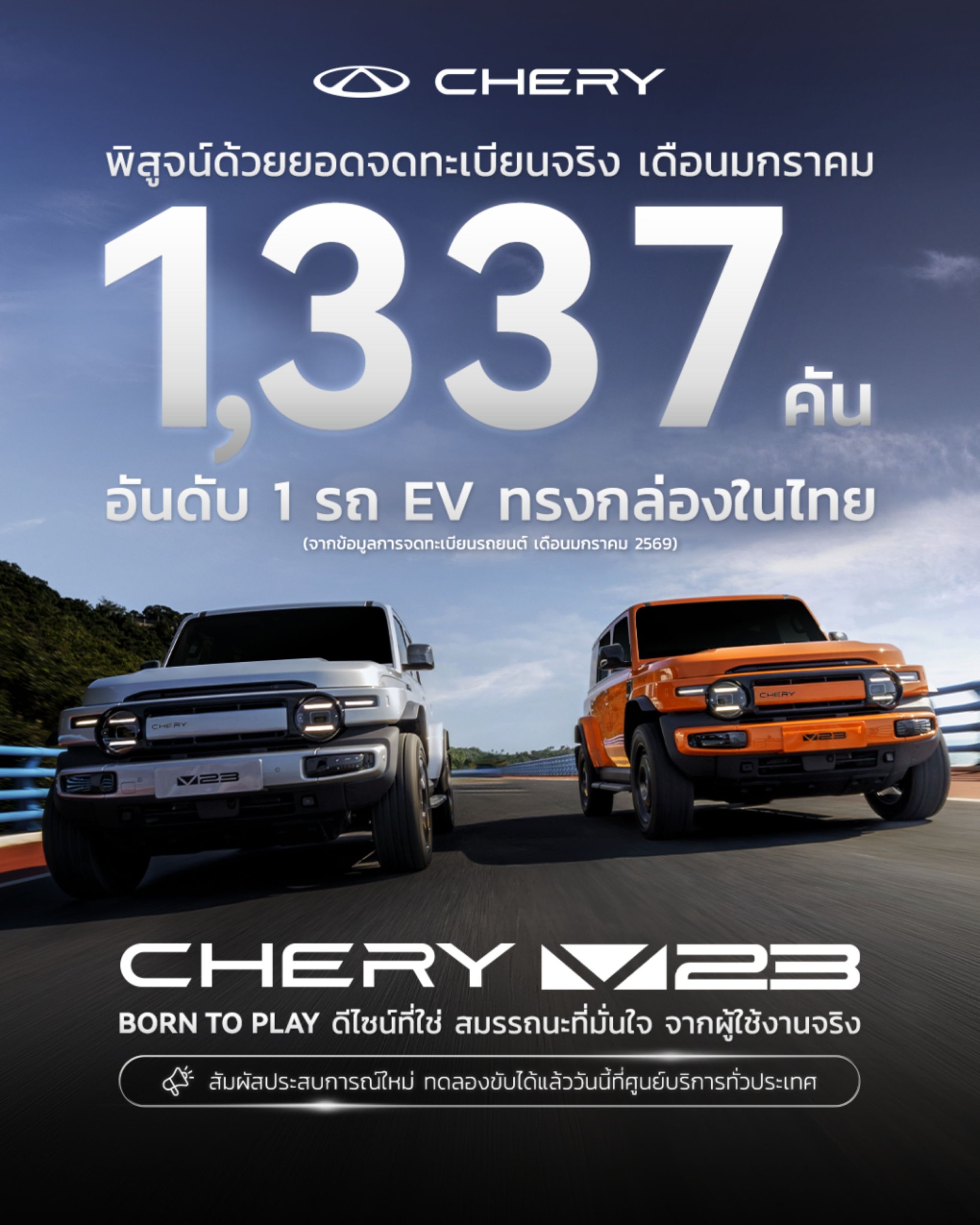 เชอรี ประเทศไทย เร่งเครื่องต้นปี 2569 CHERY V23 ทะลุ 1,300 คัน ครองอันดับ 1  รถยนต์ไฟฟ้าทรงกล่องยอดนิยม 2 เดือนซ้อน