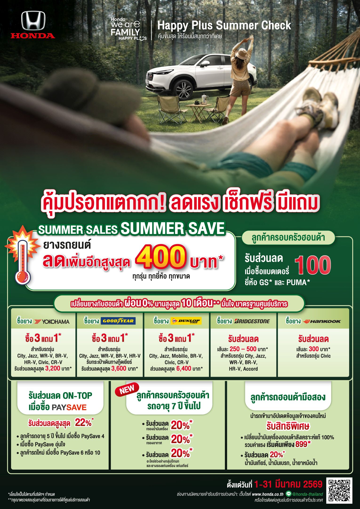ฮอนด้าเติมความอุ่นใจรับซัมเมอร์ ! มอบแคมเปญสุดพิเศษ “Happy Plus Summer Check คุ้มขั้นสุด ให้ร้อนนี้สนุกกว่าที่เคย” ตรวจเช็กรถคู่ใจ รับส่วนลดพร้อมทางเลือกผ่อนสบายกระเป๋า ณ ศูนย์บริการรถยนต์ฮอนด้าทั่วประเทศ ตั้งแต่ 1 – 31 มีนาคม 2569