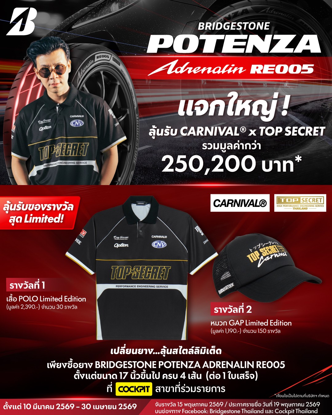 บริดจสโตนแจกใหญ่เต็มสปีด! ซื้อ “BRIDGESTONE POTENZA Adrenalin RE005” ครบ 4 เส้น ลุ้น 180 รางวัล จาก CARNIVAL x TOP SECRET