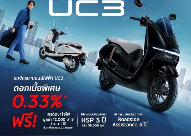 โปรโมชันจัดเต็มกับ New Honda UC3 รถจักรยานยนต์ไฟฟ้า ด้วยดอกเบี้ยพิเศษ 0.33%* โปรเดียวกันกับ Motor Show 2026 ตั้งแต่วันนี้ – 5 เมษายน 2569 จองเลย!
