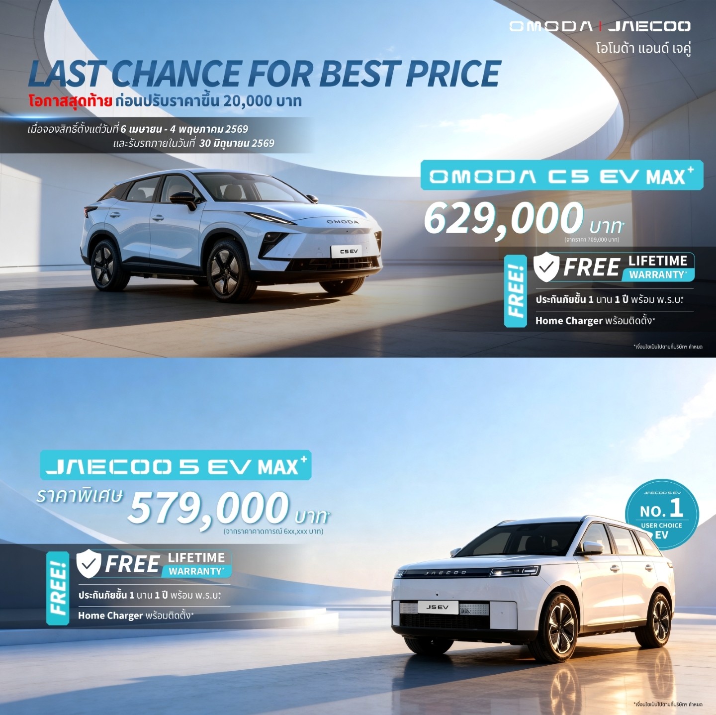 OMODA & JAECOO ประกาศข้อเสนอพิเศษช่วงสุดท้าย “Last Chance for Best Price พร้อม Lifetime Warranty ก่อนปรับราคาขึ้น 20,000 บาท”สำหรับ OMODA C5 Max+ และ JAECOO 5 EV Max+