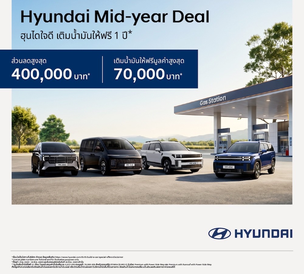 Hyundai Mid Year Deal จัดเต็มดีลแรง! ส่วนลดสูงสุด 400,000 บาท(1)   พร้อมเติมน้ำมันให้ฟรี 1 ปี สูงสุด 70,000 บาท(3) ถึง 30 มิถุนายนนี้เท่านั้น
