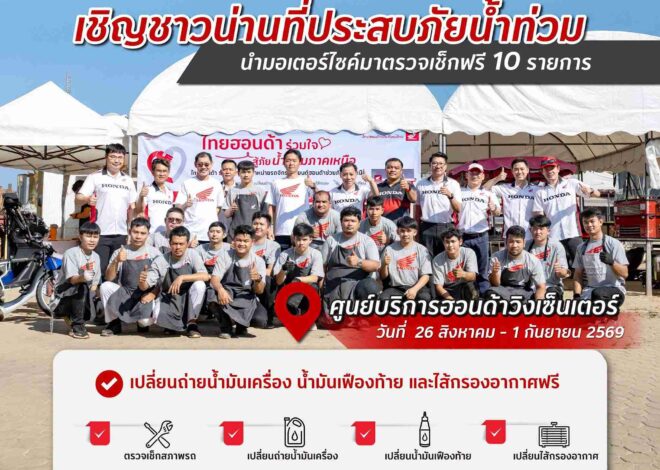 ไทยฮอนด้า ร่วมบรรเทาความเดือดร้อนผู้ประสบภัยน้ำท่วม จ.น่าน ดูแลรถจักรยานยนต์ที่ได้รับความเสียหาย พร้อมช่วยเหลือด้วยถุงยังชีพ 600 ถุง