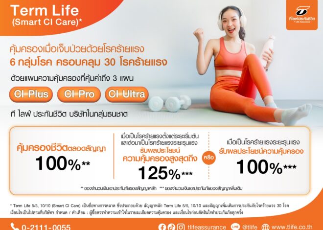 ที ไลฟ์ ประกันชีวิต รุกเสิร์ฟ  “Term Life (Smart CI Care)” ประกันคุ้มครองชีวิตและโรคร้ายแรง 6 กลุ่มโรค ครอบคลุม 30 โรคร้ายแรง ผ่านช่องทางออนไลน์  เน้นซื้อง่าย สะดวก ตอบโจทย์ผู้บริโภคยุคใหม่