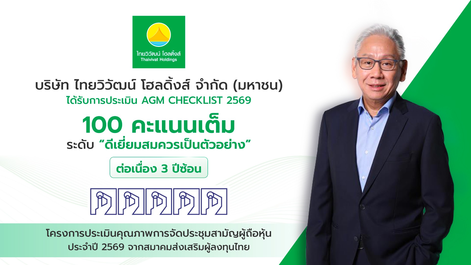 ไทยวิวัฒน์ โฮลดิ้งส์ ตอกย้ำมาตรฐานธรรมาภิบาล คว้า 100 คะแนนเต็ม AGM Checklist ต่อเนื่อง 3 ปีซ้อน สะท้อนมาตรฐานการจัดประชุมผู้ถือหุ้นที่โปร่งใส เปิดเผยข้อมูลครบถ้วน และให้ความสำคัญกับสิทธิผู้ถือหุ้นอย่างเท่าเทียม พร้อมเดินหน้ายกระดับการกำกับดูแลกิจการอย่างต่อเนื่อง
