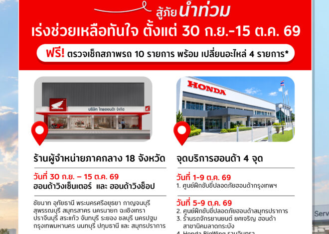 รถจักรยานยนต์ฮอนด้า เร่งดูแลมอเตอร์ไซค์ประสบภัยน้ำท่วม ระดมเพิ่มจุดให้บริการอีก 18 จังหวัด พร้อมให้บริการ 30 ก.ย. – 15 ต.ค. นี้