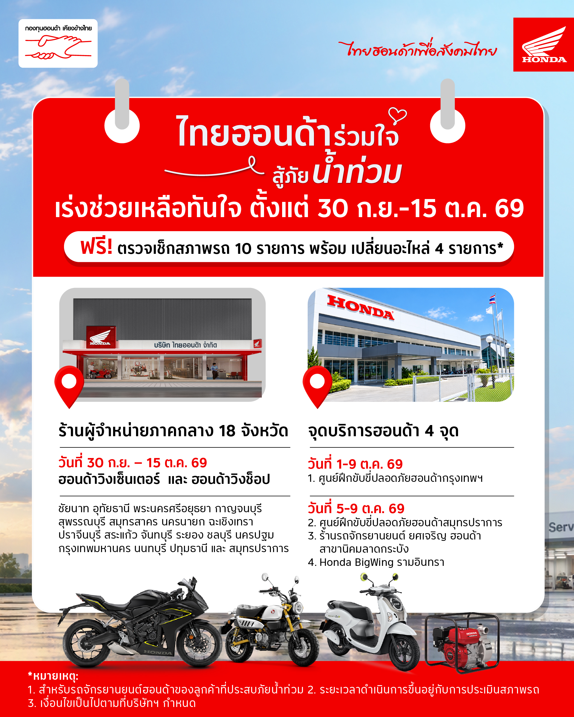 รถจักรยานยนต์ฮอนด้า เร่งดูแลมอเตอร์ไซค์ประสบภัยน้ำท่วม ระดมเพิ่มจุดให้บริการอีก 18 จังหวัด พร้อมให้บริการ 30 ก.ย. – 15 ต.ค. นี้